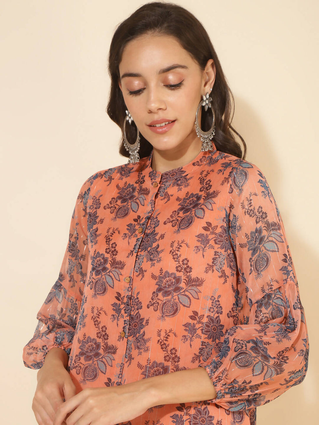 Janasya Women's Peach Chiffon Lurex Floral Printed Festive Regular Co-ords | Grocsy