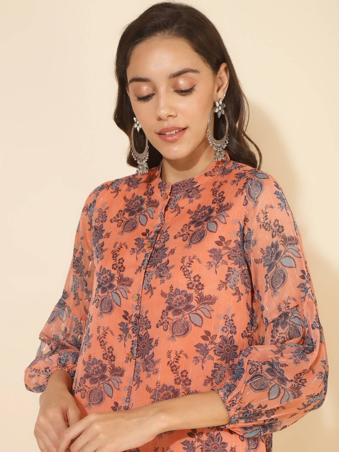 Janasya Women's Peach Chiffon Lurex Floral Printed Festive Regular Co-ords | Grocsy