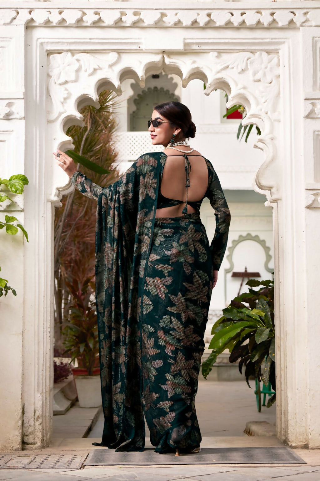 Vastranavya Bottle Green Lurex Brasso Floral Printed Saree with Unstitched Blouse | Grocsy