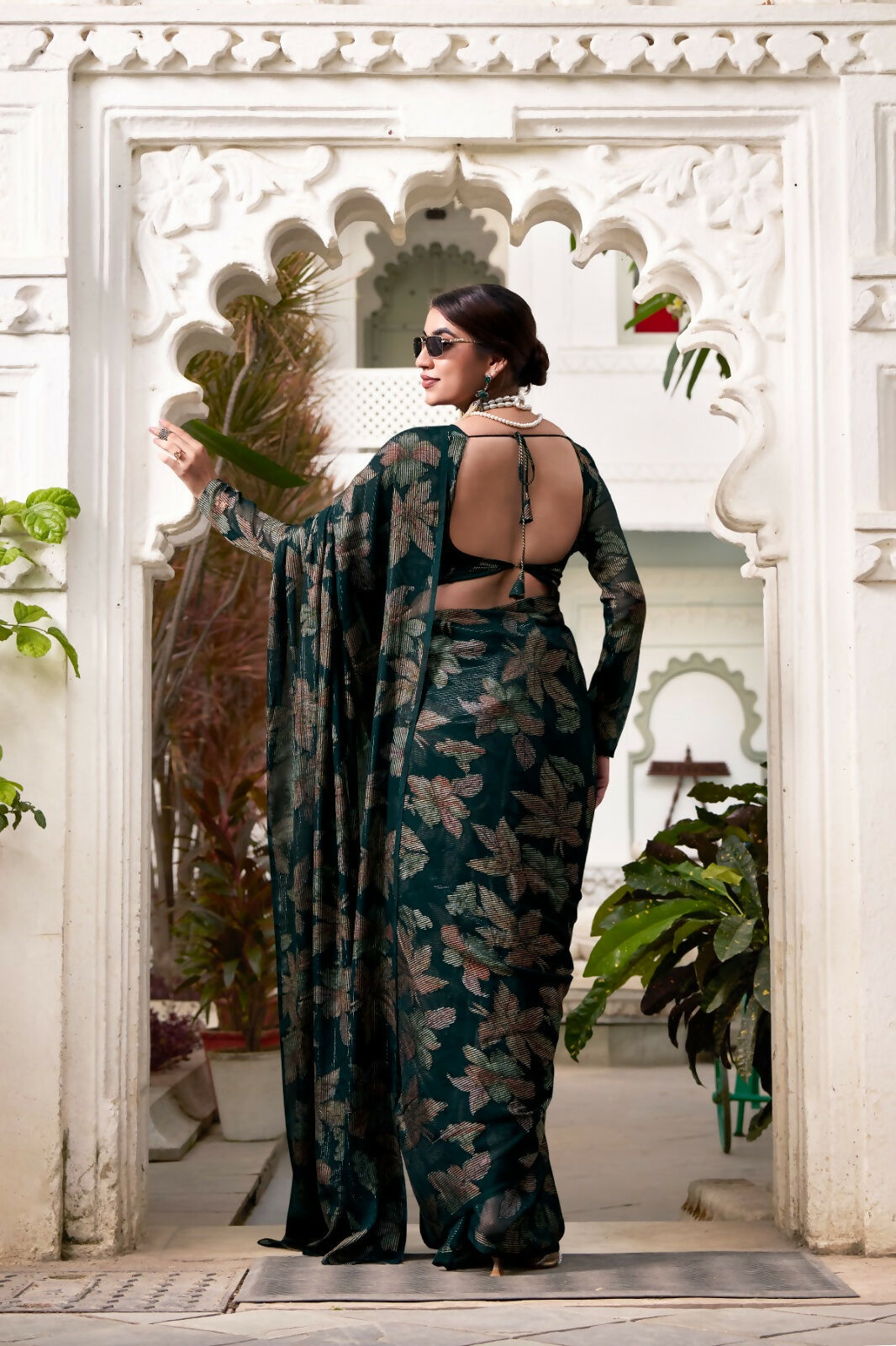 Vastranavya Bottle Green Lurex Brasso Floral Printed Saree with Unstitched Blouse | Grocsy