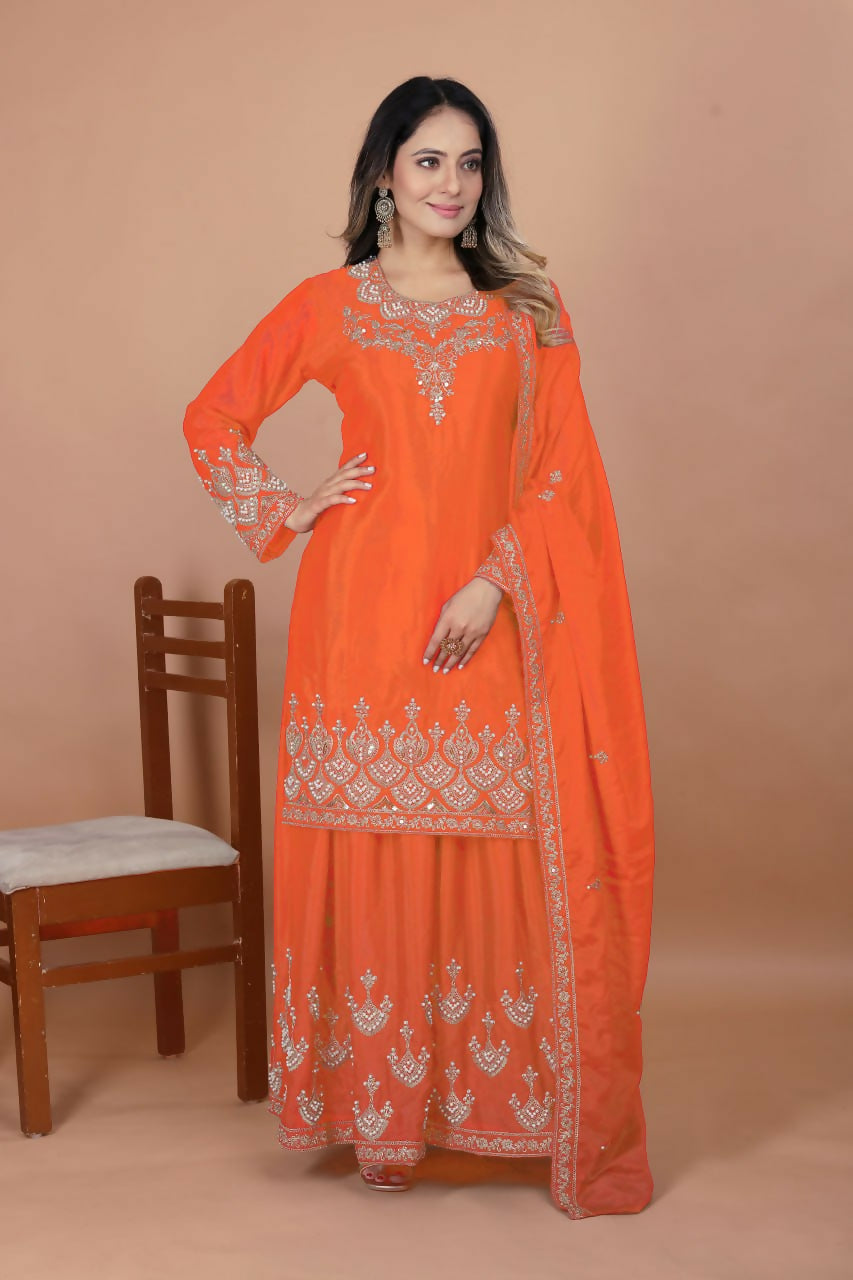 Joban Fashion Orange Silk Embroidered Sharara Set | Grocsy