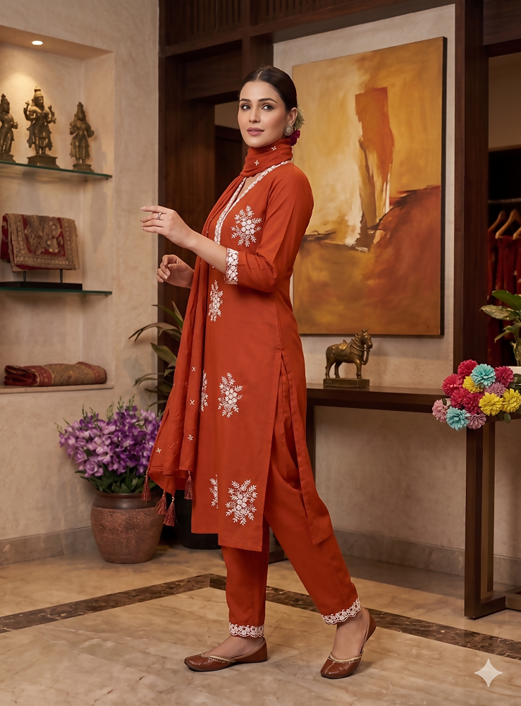 Teeya Creation Vibrant Orange Embroidered Kurti with Pant and Dupatta Set | Grocsy
