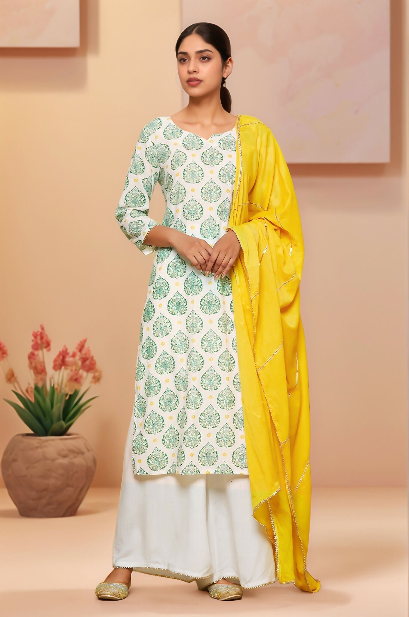 Joban Fashion White Based Leaves Printed Cotton Kurti With Matching Palazzo Set | Grocsy