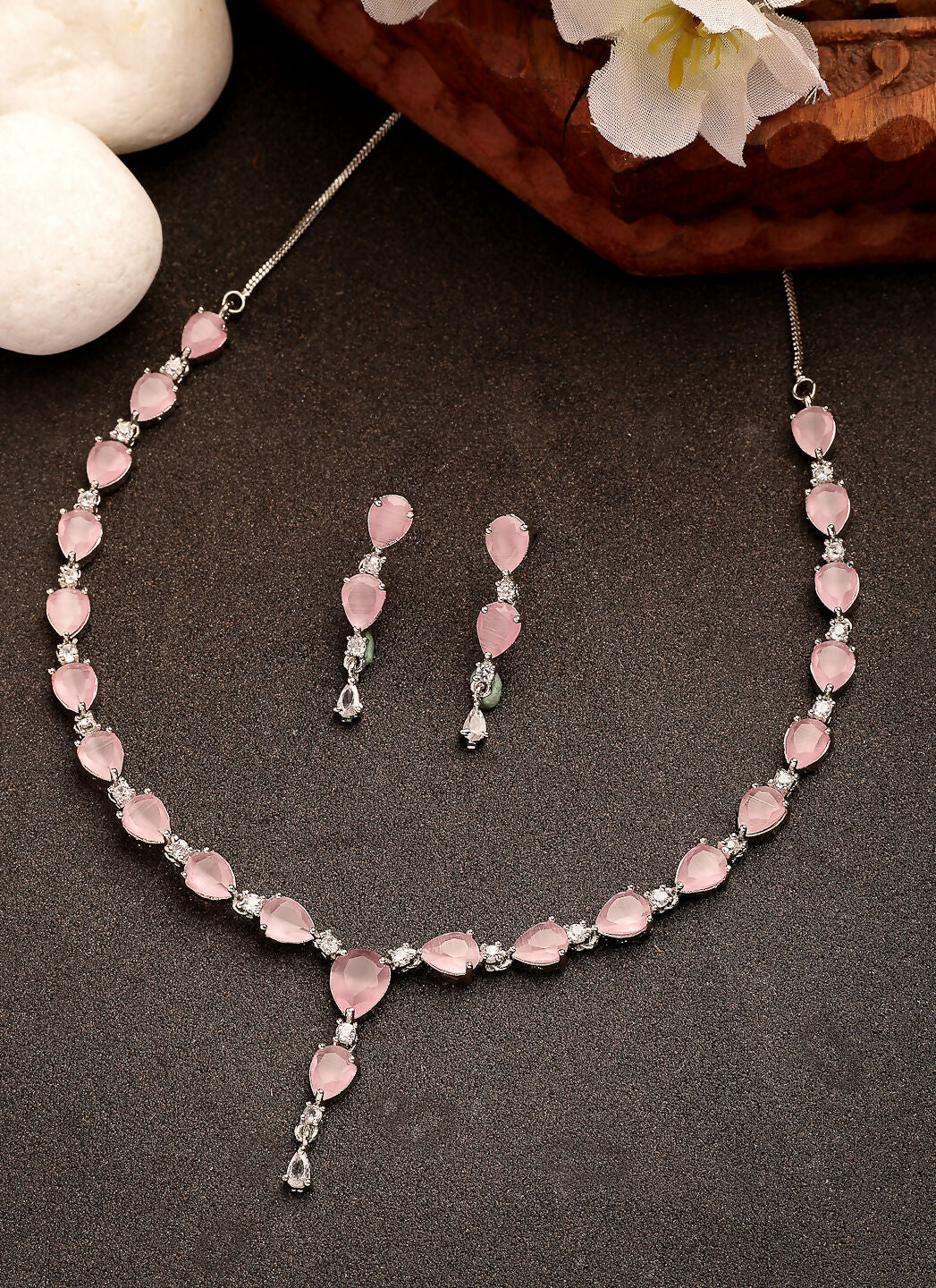 NVR Women's Silver-Plated Pink CZ-Studded Handcrafted Jewellery Set | Grocsy