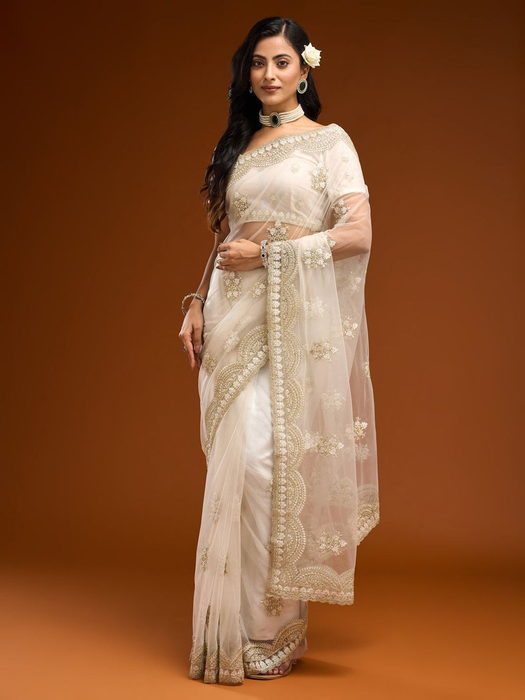 kasee Floral Embroidered Net Saree | Grocsy