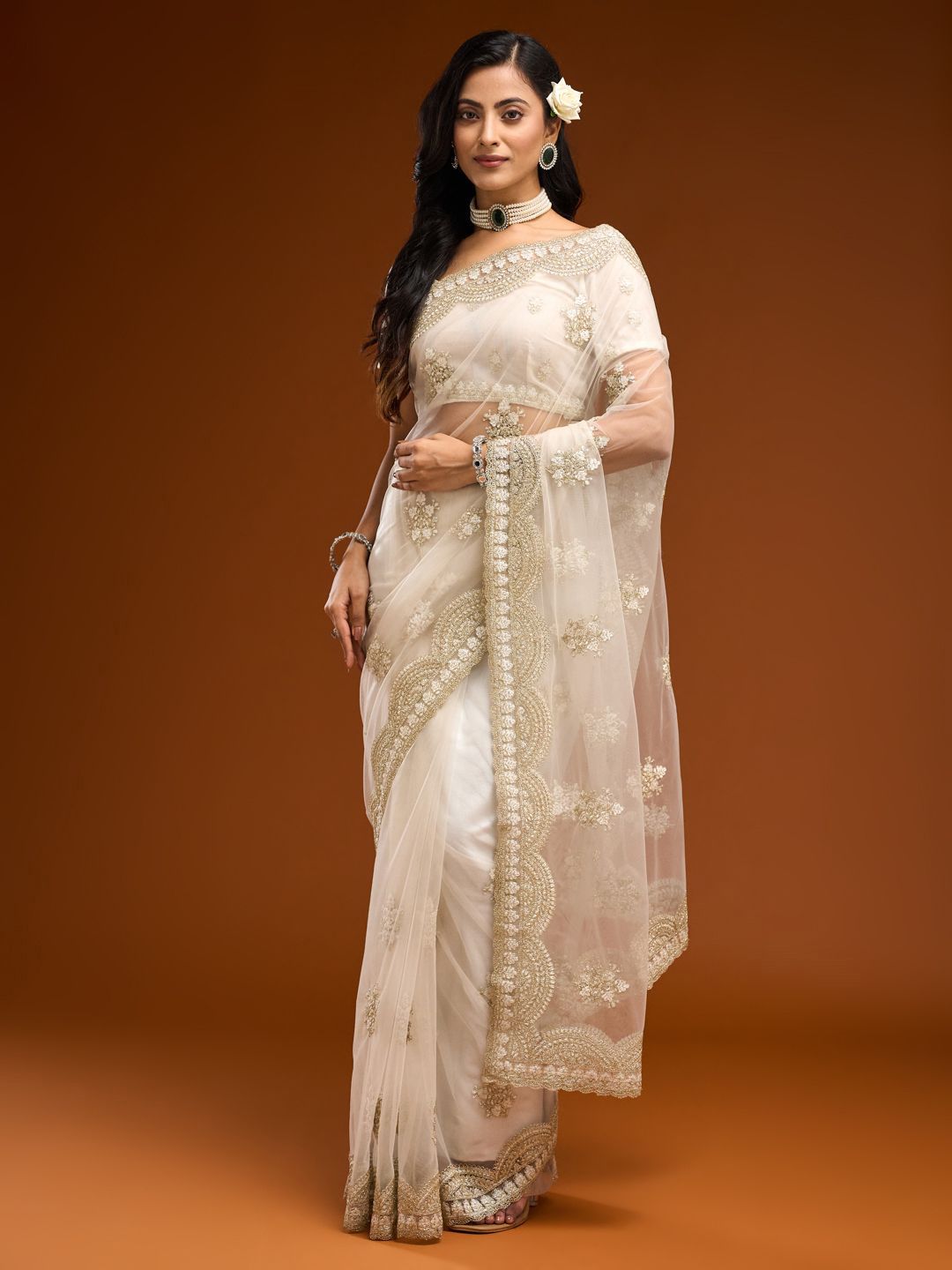 kasee Floral Embroidered Net Saree | Grocsy
