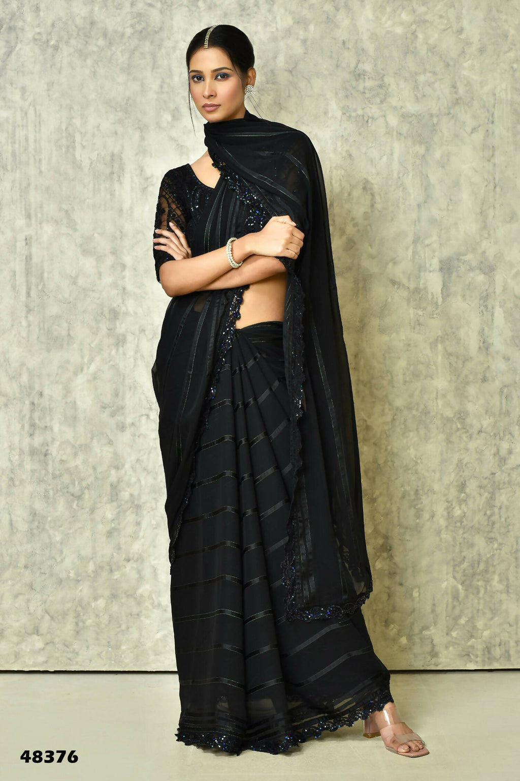 Black Silk Stripe Saree With Blouse Piece - Purvi | Grocsy