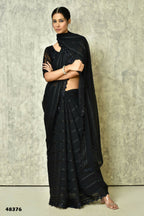 Black Silk Stripe Saree With Blouse Piece - Purvi | Grocsy