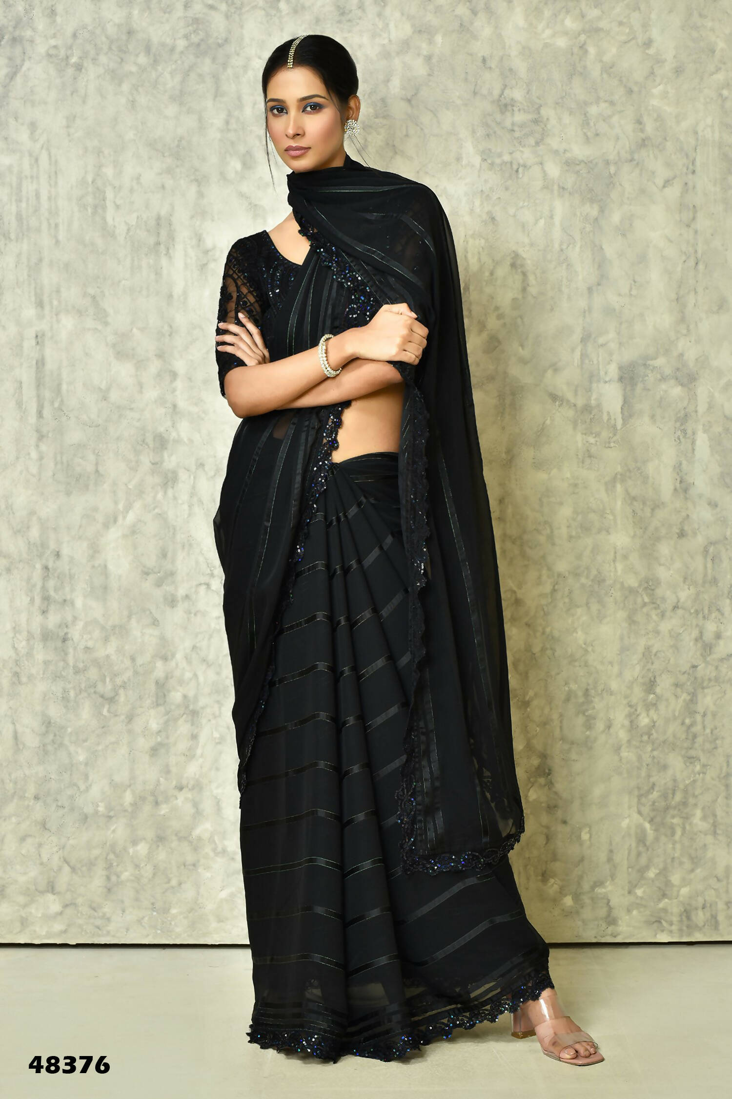 Black Silk Stripe Saree With Blouse Piece - Purvi | Grocsy