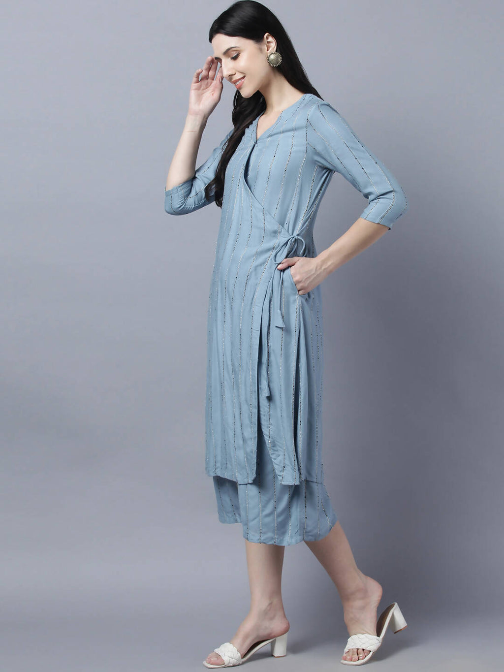 Myshka Stylish Grey Viscose 3/4 Sleeve Women's Kurta Palazzo Set | Grocsy