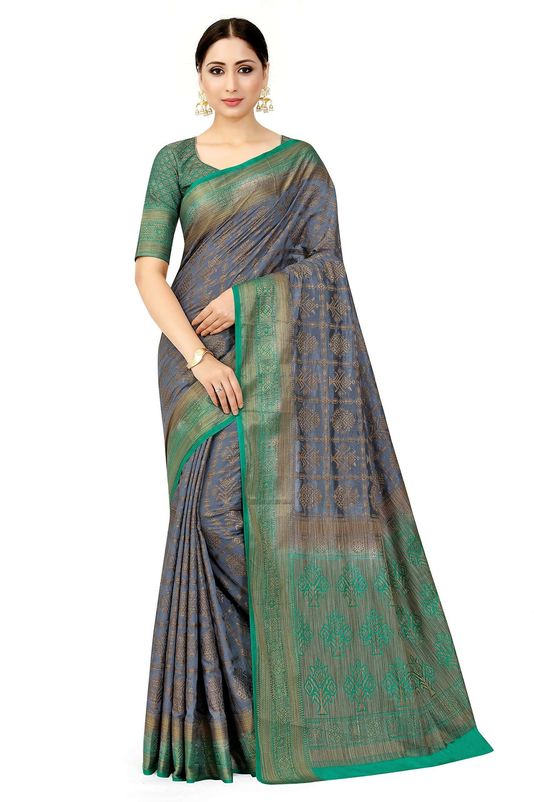 Mimosa Women's Charcoal Grey Patola Art Silk Saree | Grocsy