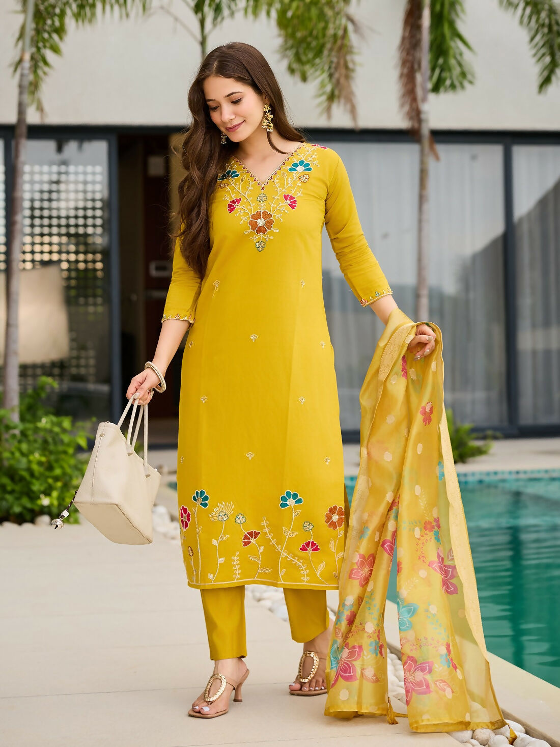 The52 Yellow Women's Gorgeous Embroidered work Viscose Gadhwal Fabric Straight Kurta, Pant and Dupatta Set | Grocsy