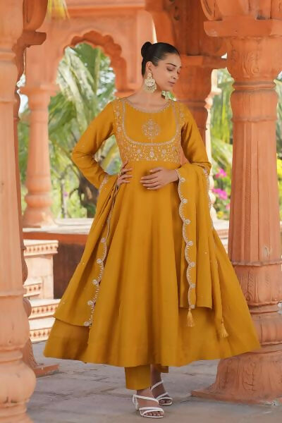 The52 Women's Beautiful Vichitra Silk Fabric Embroidery Work Flared Anarkali Pant and Dupatta Set | Grocsy