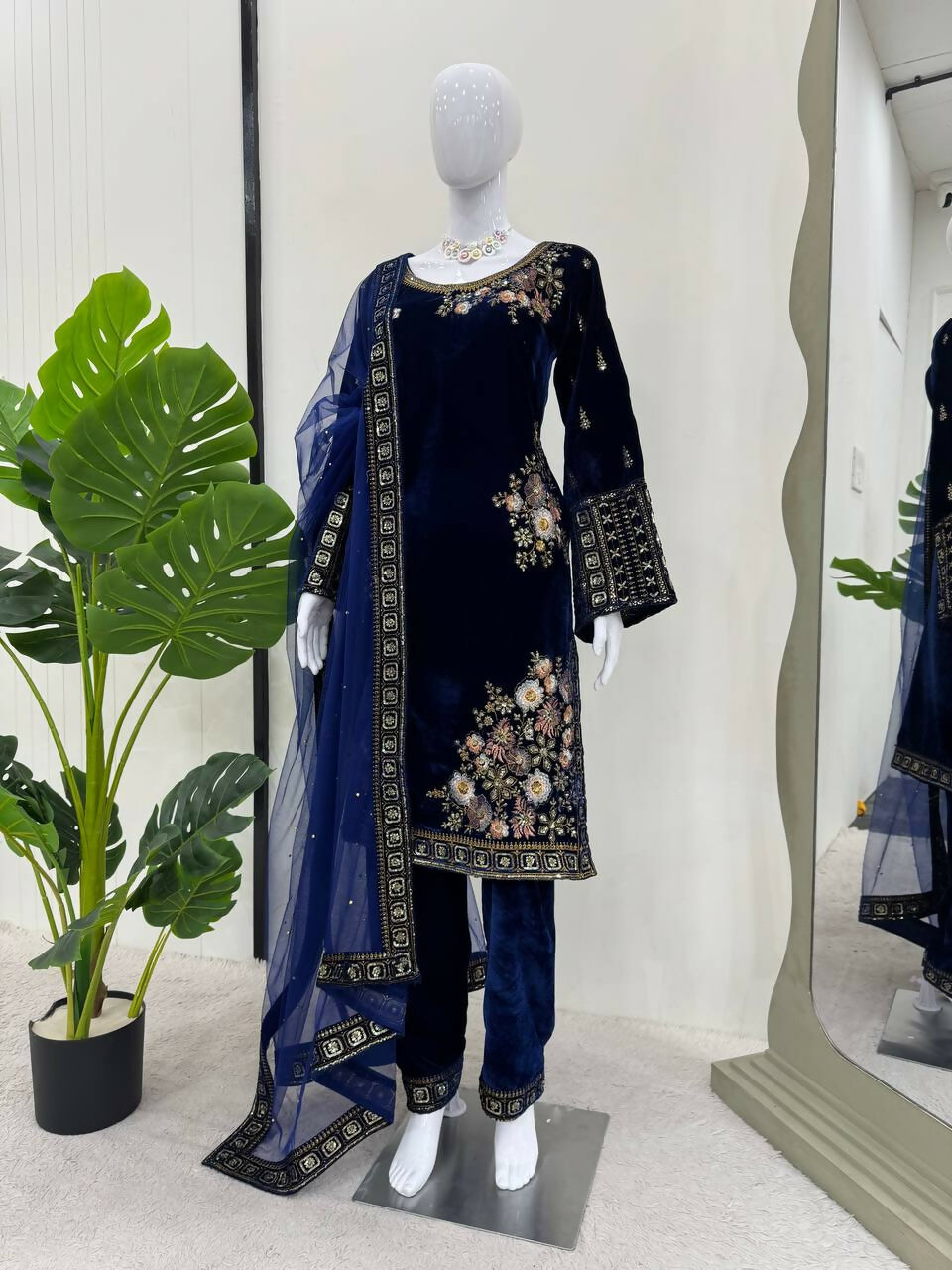Vastranavya Navy Blue Viscose Velvet Sequence Embroidery Work Kurta & Bottom With Dupatta | Grocsy