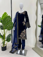 Vastranavya Navy Blue Viscose Velvet Sequence Embroidery Work Kurta & Bottom With Dupatta | Grocsy