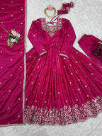 The52 Women's Beautiful American Silk Fabric Embroidery Work Flared Anarkali Pant and Dupatta Set | Grocsy