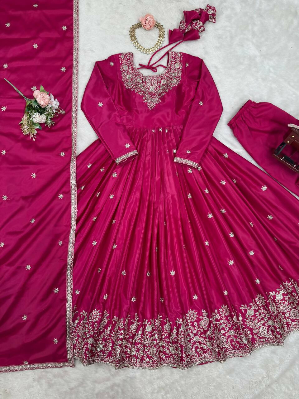 The52 Women's Beautiful American Silk Fabric Embroidery Work Flared Anarkali Pant and Dupatta Set | Grocsy