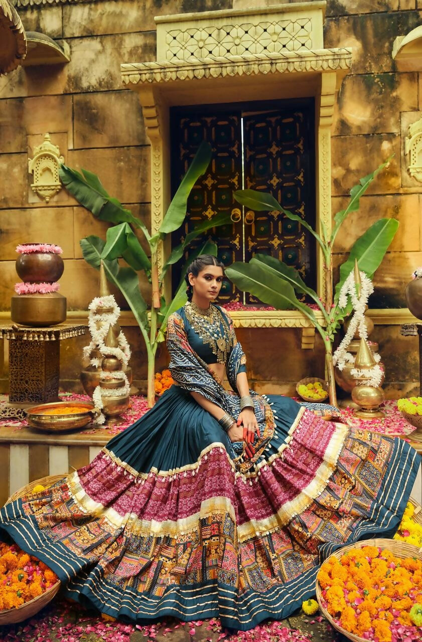 Teeya Creation Teal Colour Rayon Silk Digital Print Fully Stitched Navratri Lehenga | Grocsy