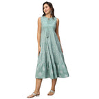 Sea Green & White Ethnic Motifs Embroidered Pure Cotton Maxi A-Line Dress - Poonam | Grocsy
