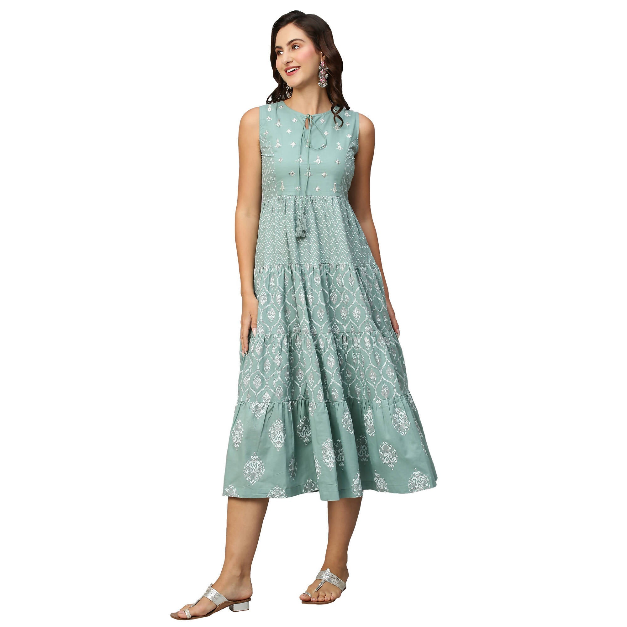 Sea Green & White Ethnic Motifs Embroidered Pure Cotton Maxi A-Line Dress - Poonam | Grocsy