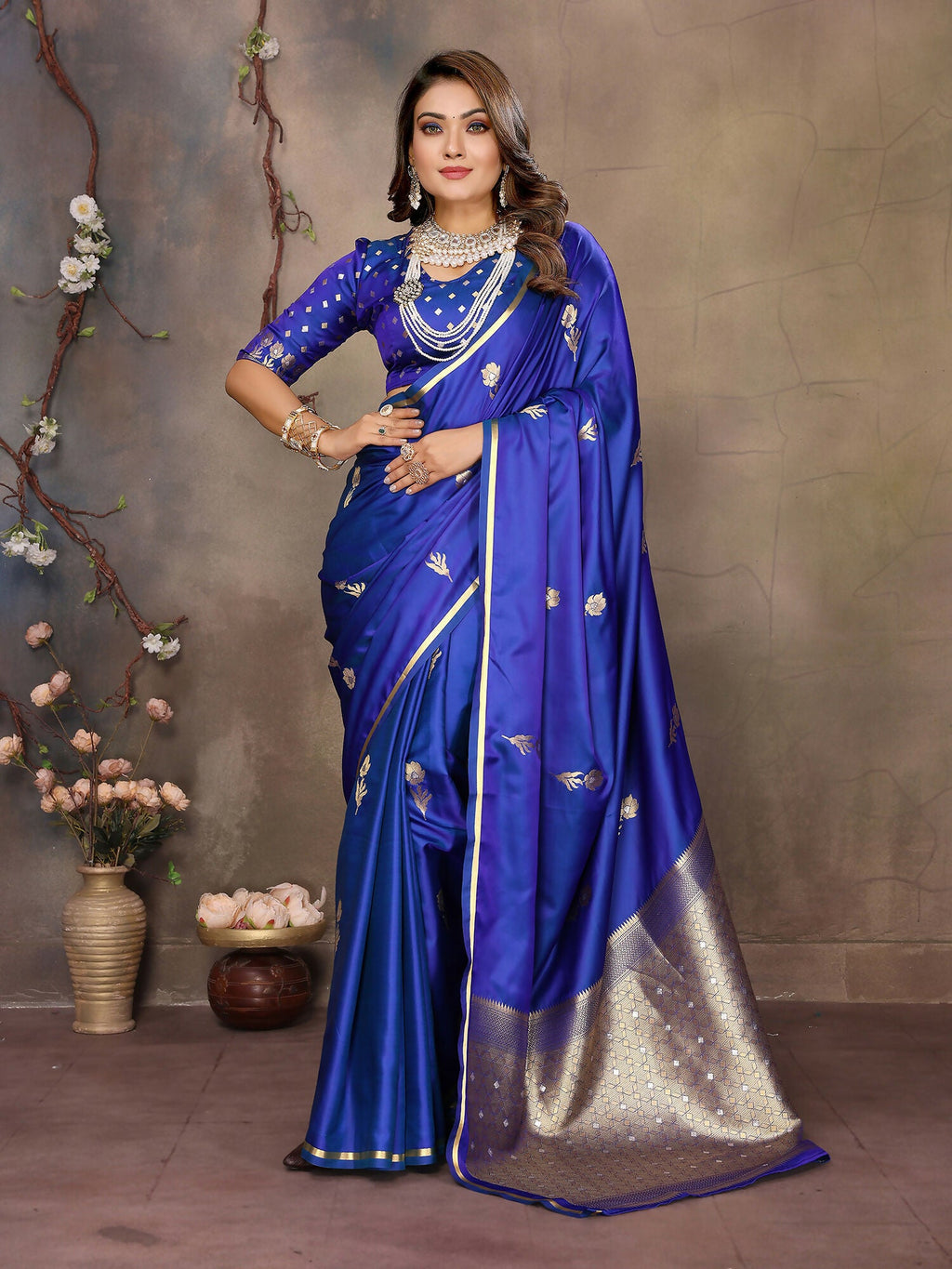 Joban Fashion Royal Blue Floral & Botanical Motifs Satin Silk Banarasi Silk Saree | Grocsy