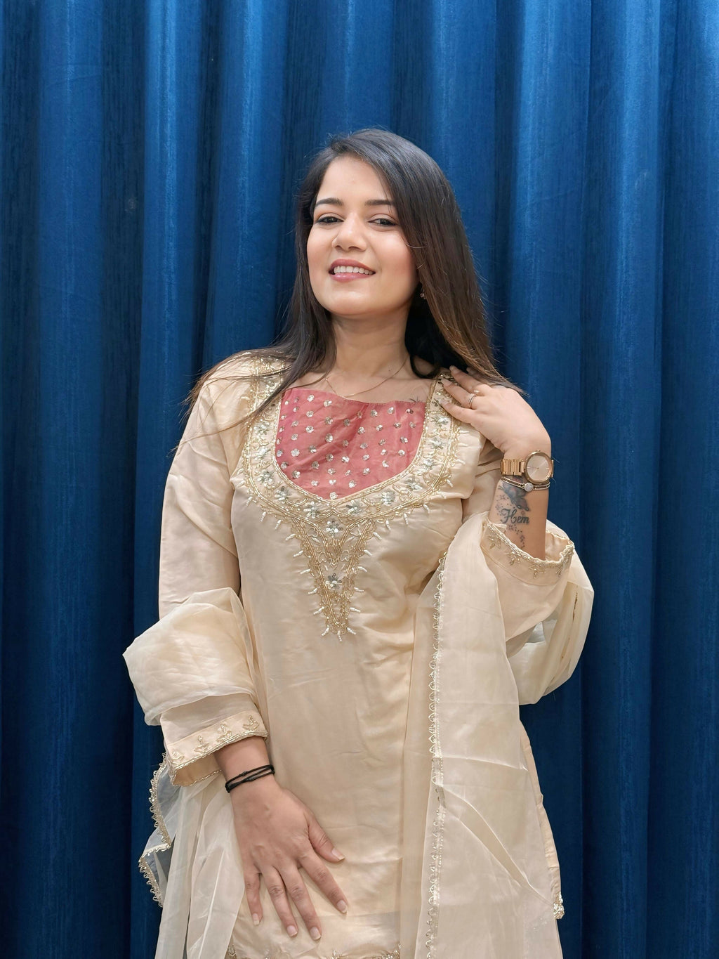 Anaita Cream Roman Shimmer Readymade Kurti Set with Handwork & Moti Work | Grocsy