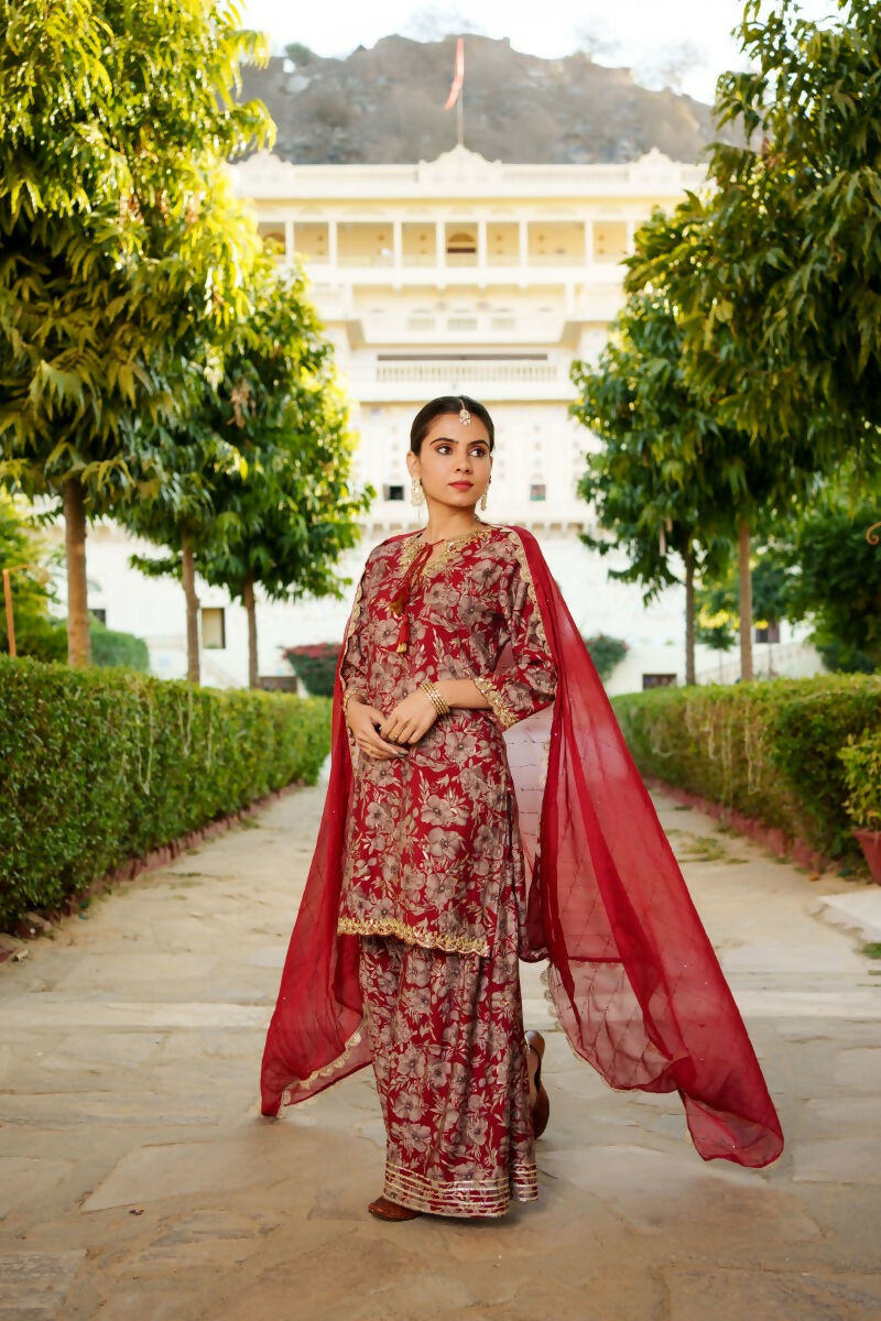 Vaasva Women Maroon Muslin Floral & Embroidered Cut Work Kurta ,Sharara & Dupatta set | Grocsy