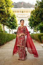 Vaasva Women Maroon Muslin Floral & Embroidered Cut Work Kurta ,Sharara & Dupatta set | Grocsy