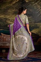 Vastranavya Purple Silk Madhubani & Bandhej Fusion Print Saree with Unstitched Blouse | Grocsy