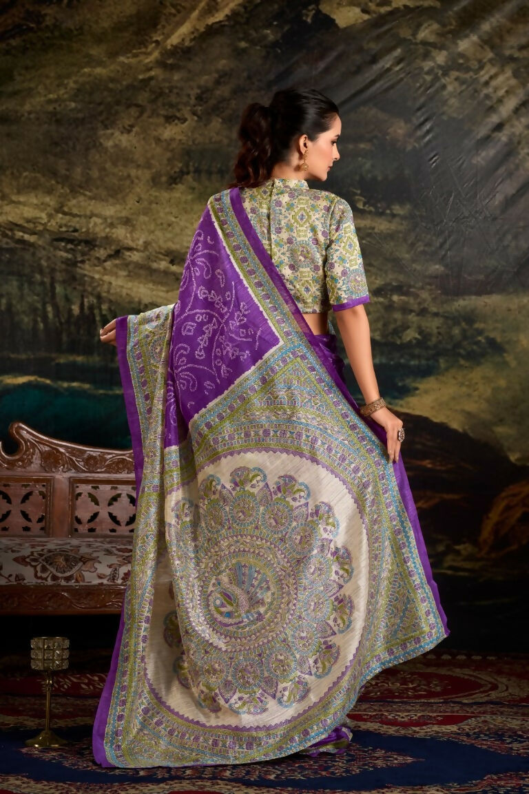 Vastranavya Purple Silk Madhubani & Bandhej Fusion Print Saree with Unstitched Blouse | Grocsy