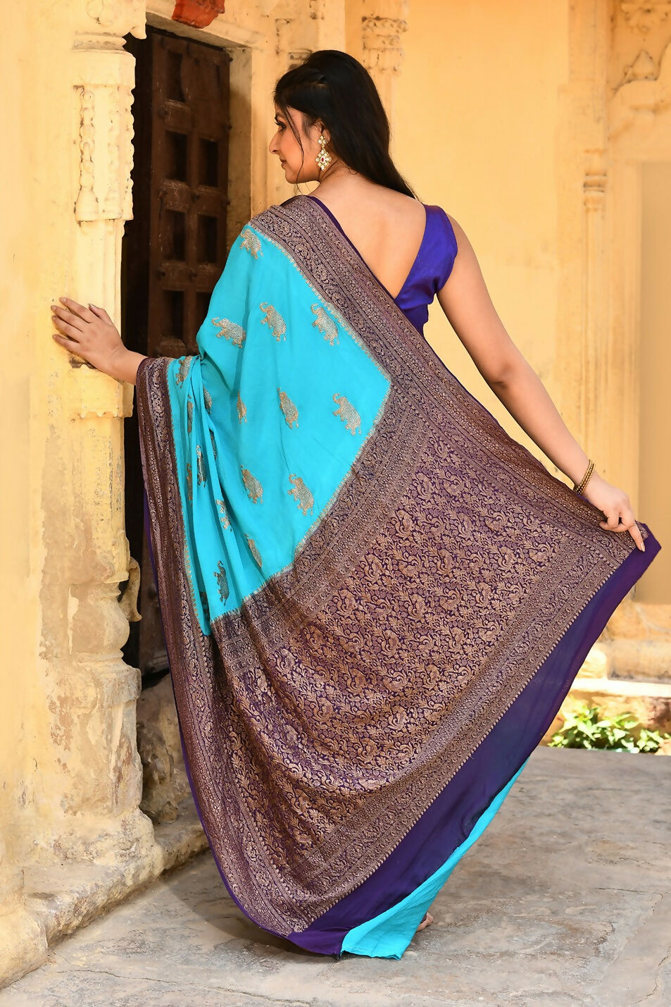 Joban Fashion Sky Blue Crepe Chiffon Pure Handloom Banarasi Silk Saree | Grocsy