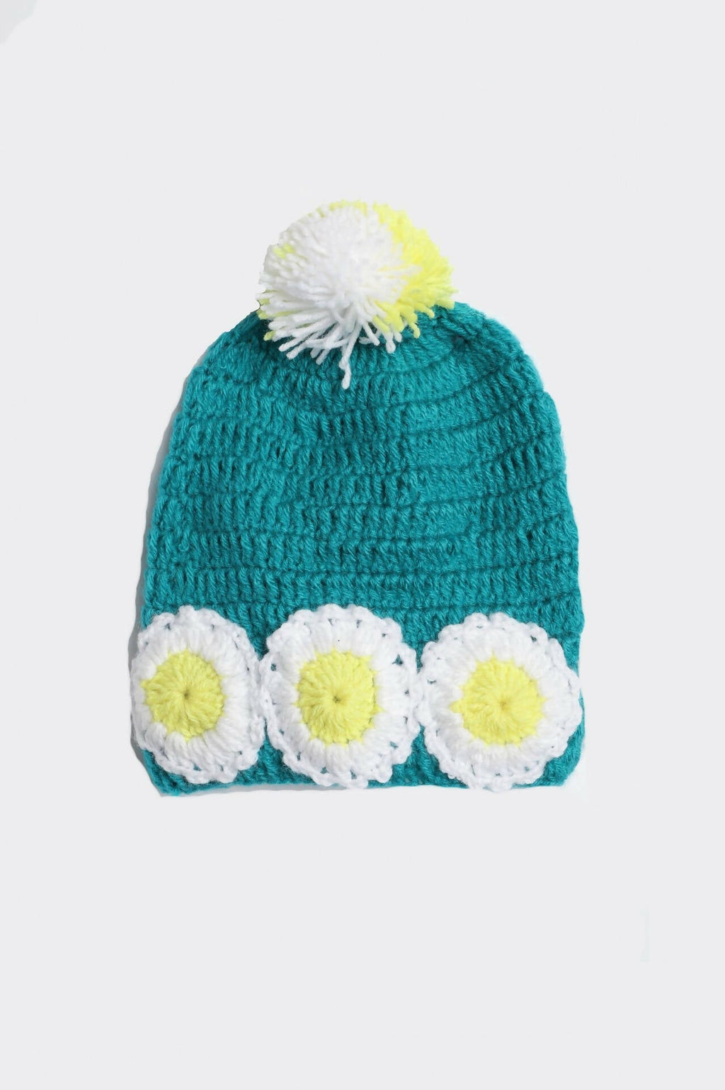 Chutput Kids Woollen Hand Knitted Flower And Pom Pom Detail Cap - Sea Green | Grocsy