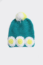 Chutput Kids Woollen Hand Knitted Flower And Pom Pom Detail Cap - Sea Green | Grocsy