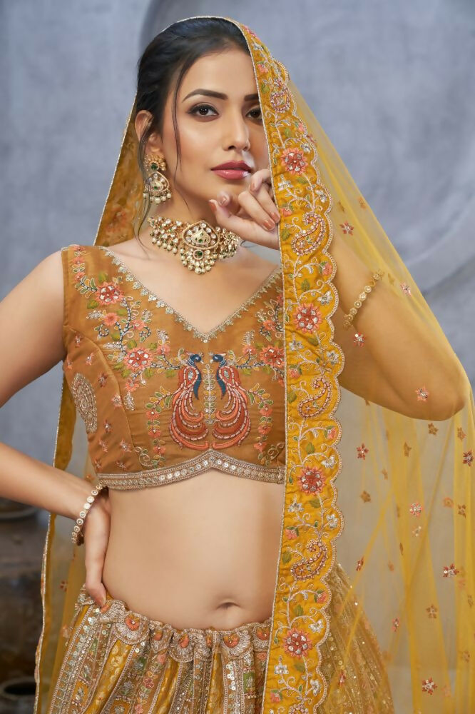 Kesar Fab Mustard Organza Embroidered Lehenga | Grocsy
