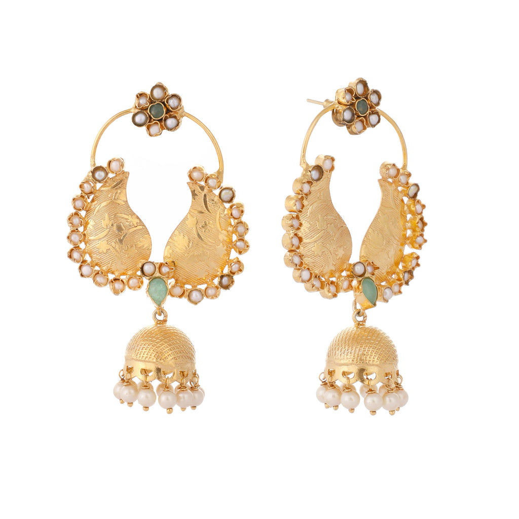 Nuyug 22K Gold Plated Pearls Studded Contemporary Shaped Mini Jhumki Drop Dangler Earrings | Grocsy