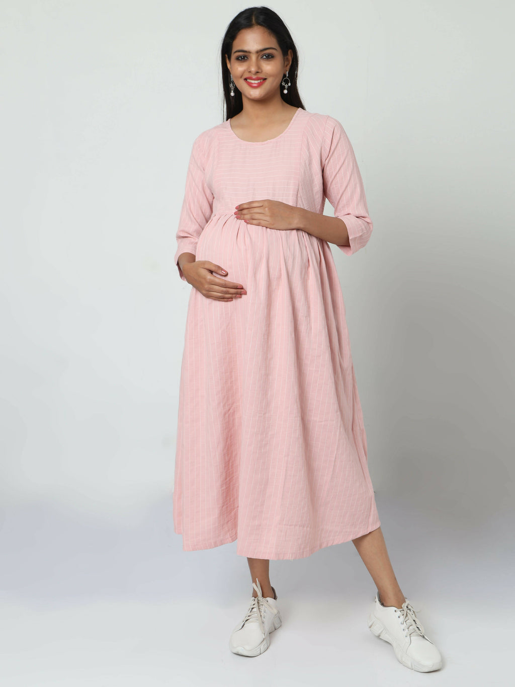 Manet Three Fourth Maternity Dress Striped With Concealed Zipper Nursing Access - Baby Pink | Grocsy