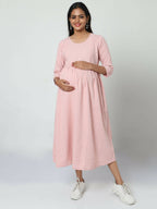 Manet Three Fourth Maternity Dress Striped With Concealed Zipper Nursing Access - Baby Pink | Grocsy