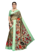 Vamika Birds Design Green Linen Digital Print with Satin Border Floral Saree | Grocsy