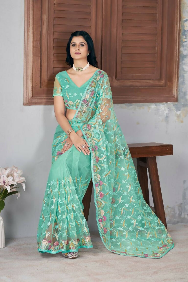 Vastranavya Soft Crush Georgette With Embroidery and Foil Multi Thread Work Saree - Turquoise | Grocsy