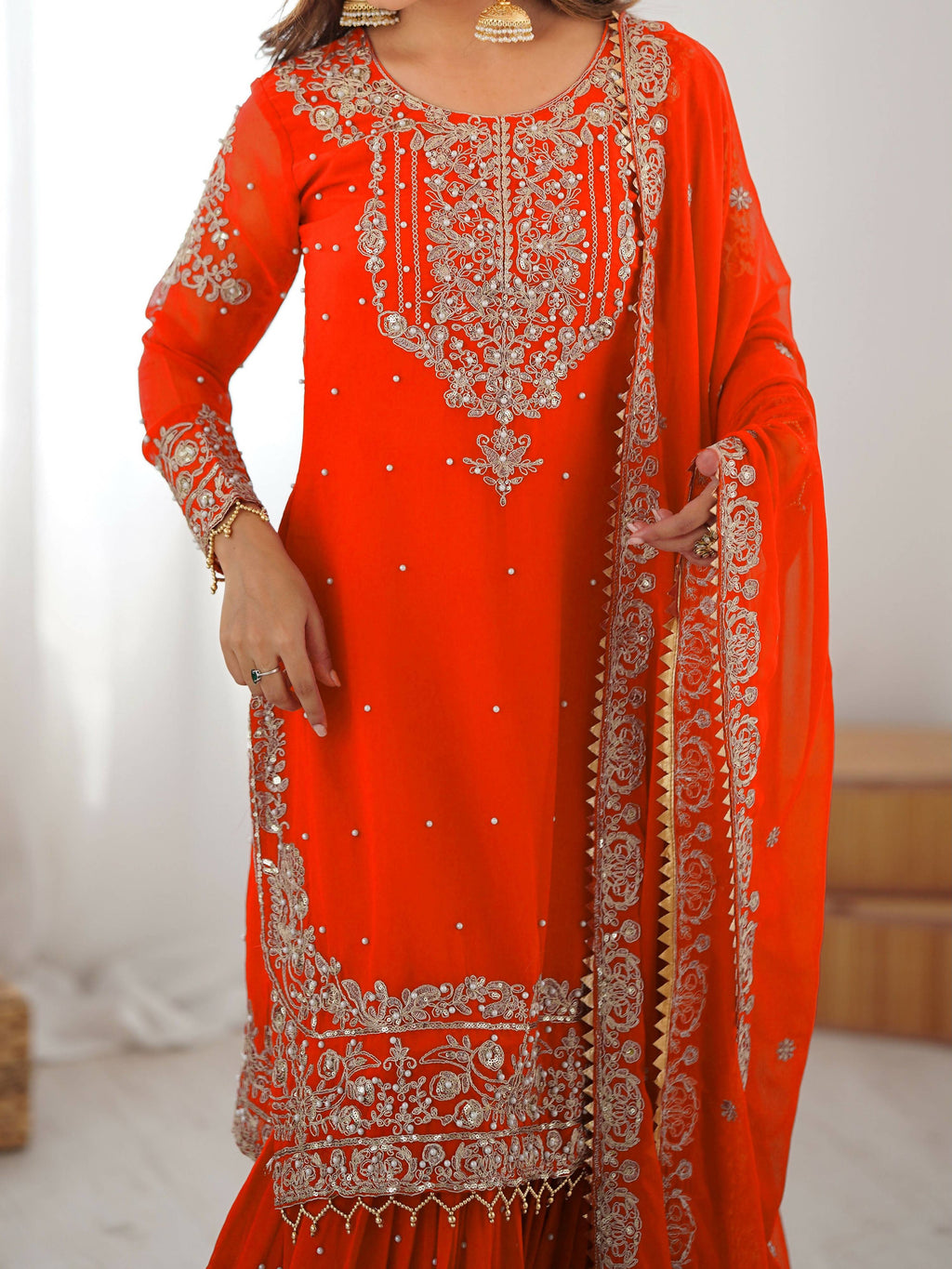 Lehenga Mart Designer Sharara Suit With Kurta, Sharara, Dupatta For Women-Orange | Grocsy