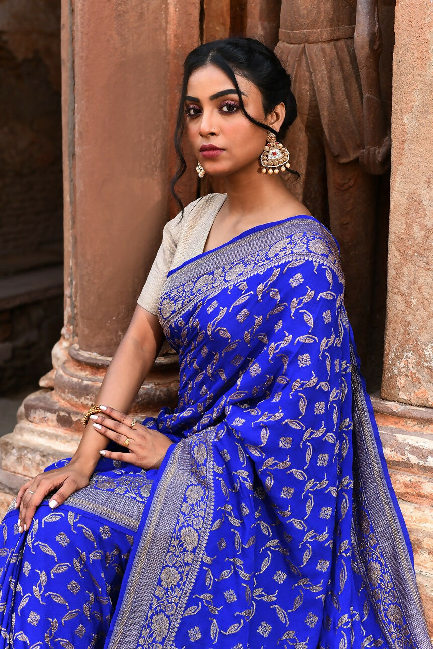 Joban Fashion Violet Crepe Chiffon Pure Handloom Banarasi Silk Saree | Grocsy