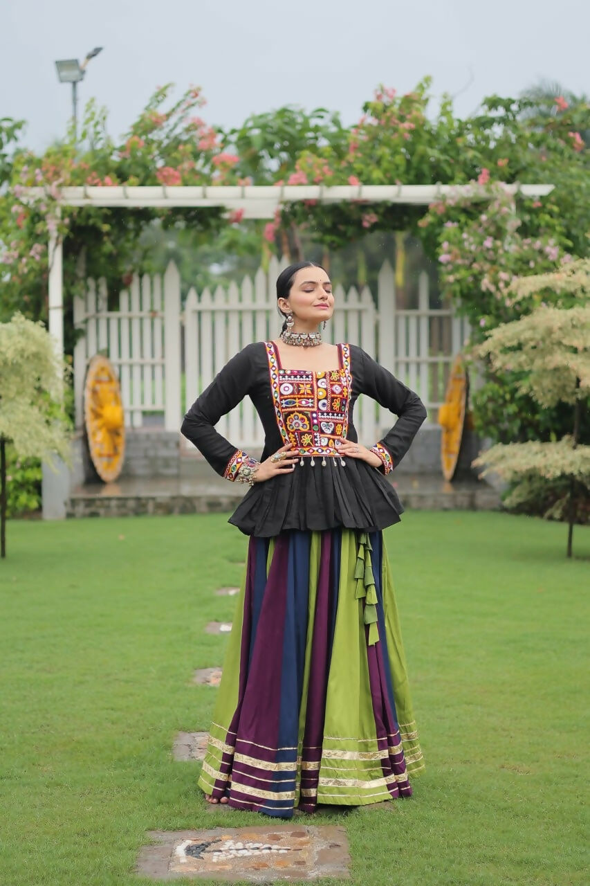 Teeya Creation Multi Colour Reyon Silk Gamathi Work Navratri lehenga Choli | Grocsy