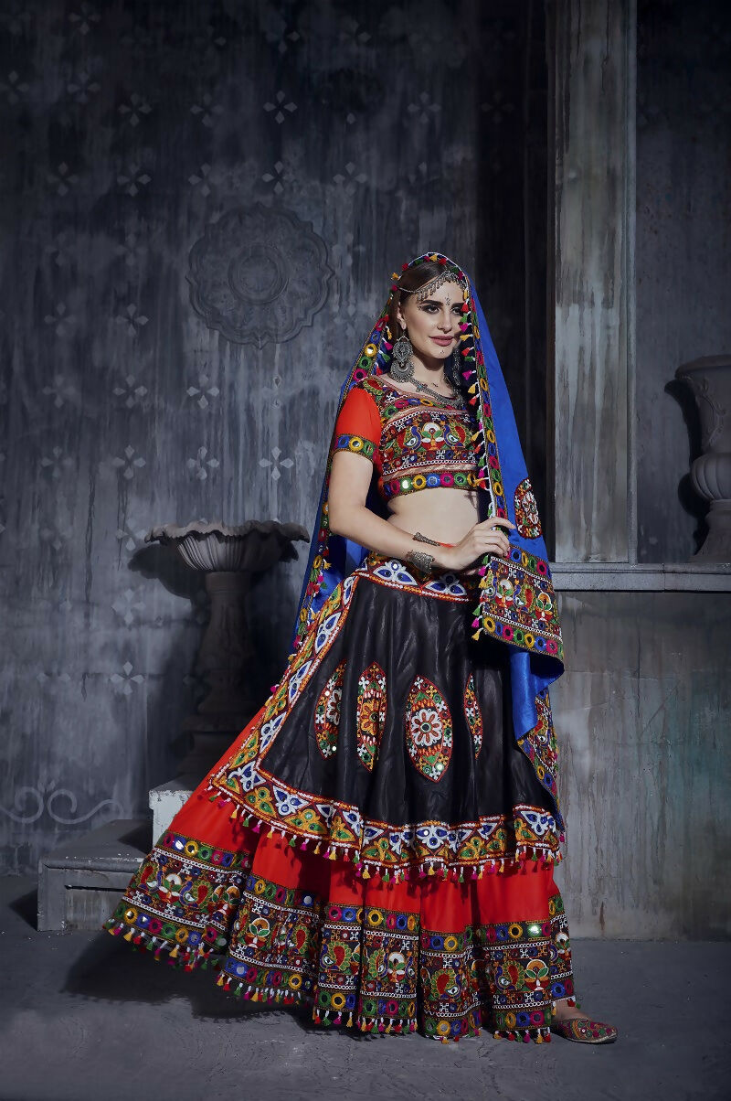 AI Fashion Black-Red Art Silk Designer Navratri Lehenga Choli Collection | Grocsy