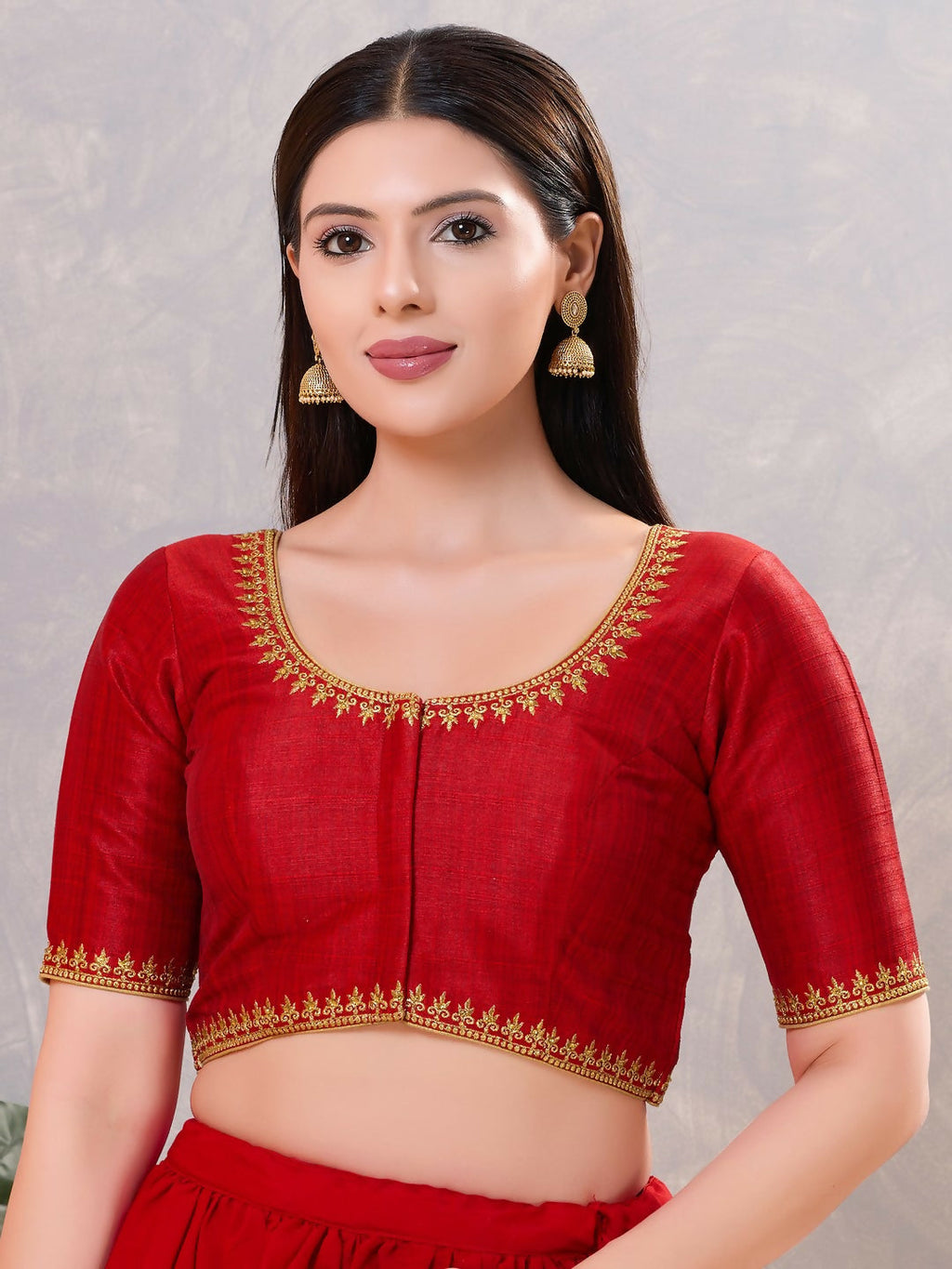 Joban Fashion Women Silk Dark-Red Stitched Blouse | Grocsy