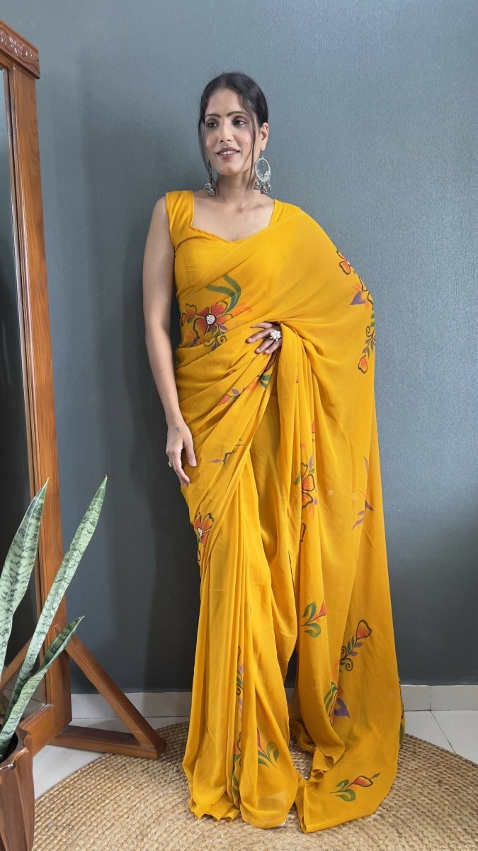 Aayaa Designer 1 min Hand Painted Ready to Wear saree - Mustard Yellow | Grocsy