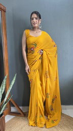 Aayaa Designer 1 min Hand Painted Ready to Wear saree - Mustard Yellow | Grocsy