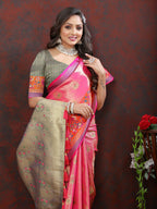 Lorenvalley Fashion Pink Kanjivaram Silk Woven Design with Zari Weaving Saree | Grocsy