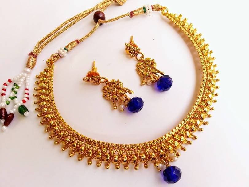 Pretty Metallic Necklace Set with Blue Drops | Grocsy