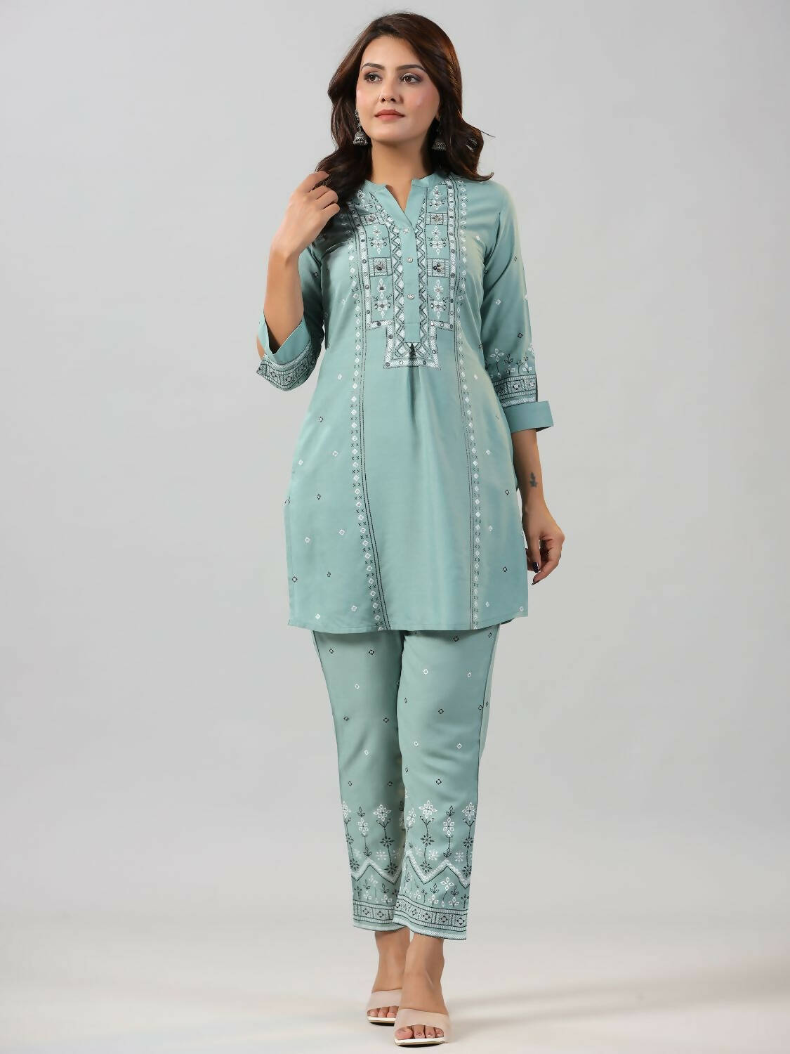 Juniper Women Sage Green Rayon Staple printed Kurta and Pants Set | Grocsy