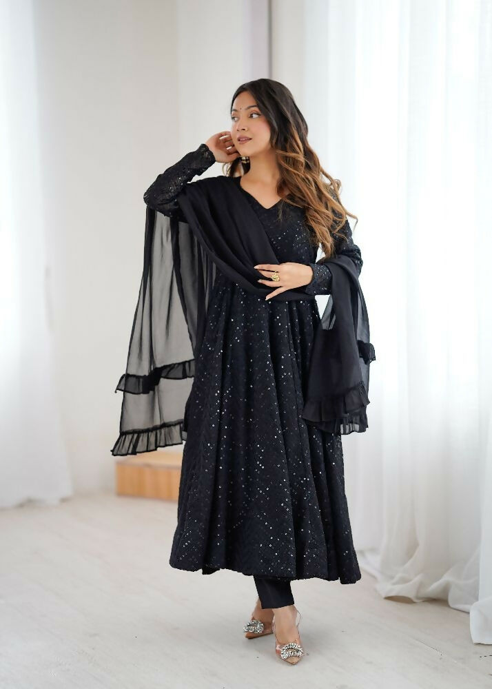 The52 Women's Gorgeous Embroidery Fox Georgette Fabric Flared Anarkali Pant and Dupatta Set | Grocsy